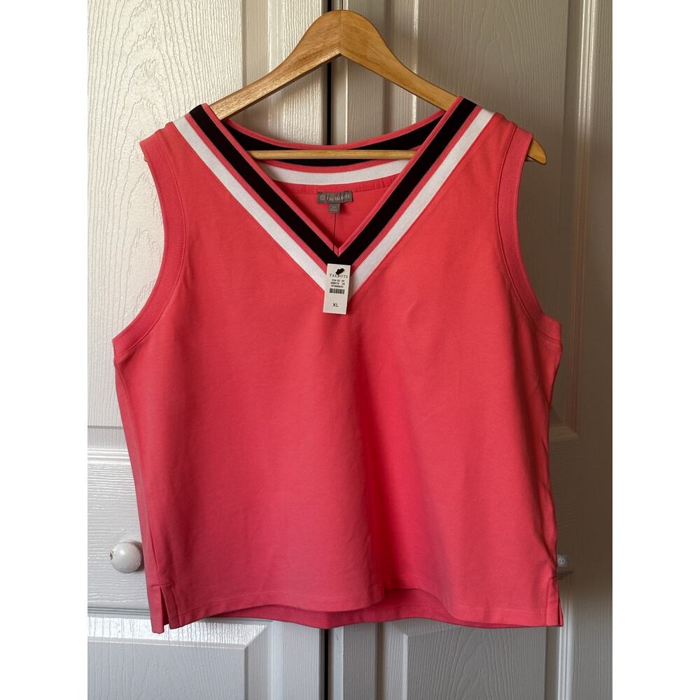 T by Talbots Coral Pink V-Neck Sleeveless Womens'  Tank Top XL NWT Striped Trim